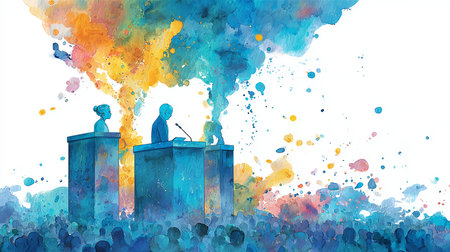 Illustration of people speaking on tribune with watercolor splashesの写真素材