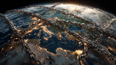 Earth planet in chain. 3D rendering. Elements of this image furnished by NASAの写真素材