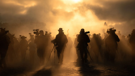 War Concept. Military silhouettes fighting scene on war fog sky background, World War Soldiers Silhouettes Below Cloudy Skyline At night. Attack scene. Armored vehicles. Tanks battle. Decorationの写真素材