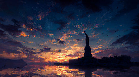 Statue of Liberty at sunset, New York City, USA.の写真素材