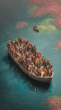 Unidentified people on a boat in Kolkata, West Bengal, India. Kolkata is the capital and largest city of the Indian state of West Bengal.の写真素材