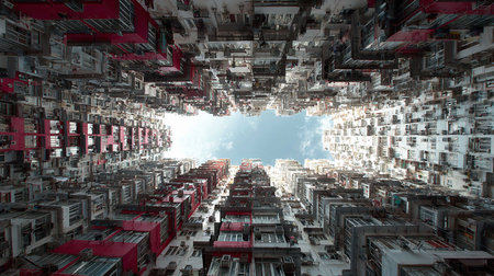 Aerial view of a high rise building in Hong Kong, Chinaの写真素材