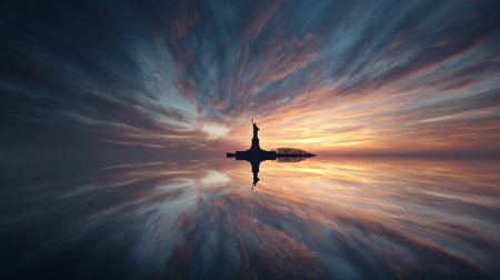 Statue at sunset with clouds in the skyの写真素材