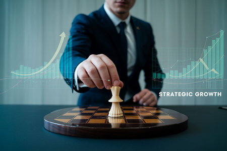 Businessman play chess on the chessboard with financial graph background.の写真素材