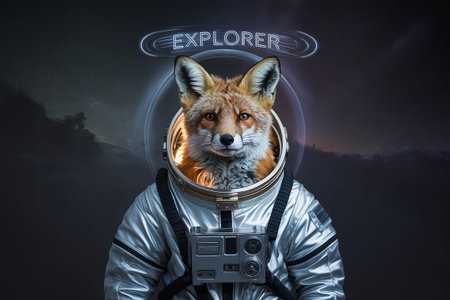 Portrait of a fox in astronaut suit on dark sky background.の写真素材