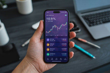 hand holding smartphone with stock market app on screen, stock market conceptの写真素材