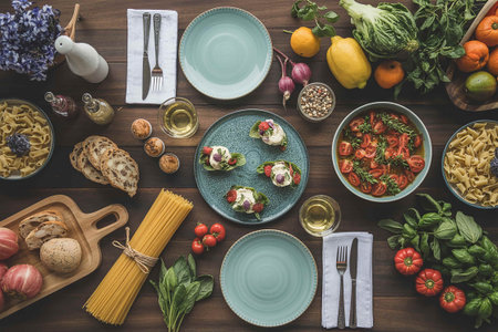 Top view of different types of Italian pasta with vegetables and herbs on wooden tableの写真素材
