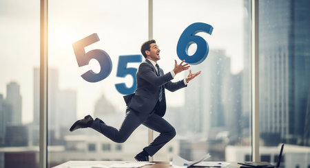 Businessman jumping in the office with 5G sign on the wallの写真素材