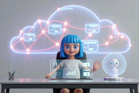 3d illustration of woman sitting at table with laptop and cloud computingの写真素材