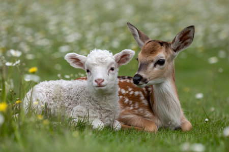 Baby deer and its mother in a meadowの写真素材