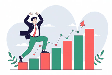 Successful business man jumping up the bar graph. Vector illustration.の写真素材