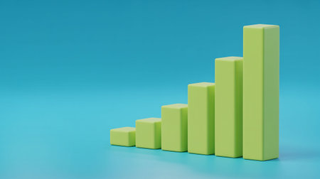 Growing green bar graph on blue background. 3d render illustration.の写真素材