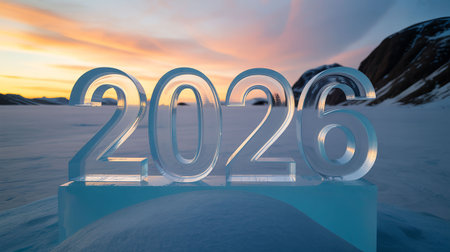 Happy New Year. White numbers on the background of snowy mountains at sunset. Beautiful winter landscape.の写真素材