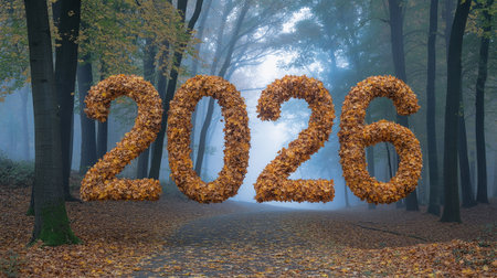 Happy New Year in the autumn park, 3d render.の写真素材