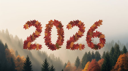 Foggy autumn landscape with colorful leaves.の写真素材