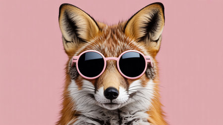 Funny portrait of a fox with sunglasses, isolated on pink backgroundの写真素材