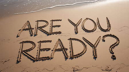 Are You Ready? Handwriting on the sand with sea background.の写真素材