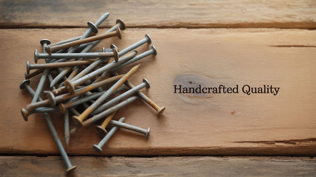 Close up image of a group of metal nails on a wood backgroundの写真素材