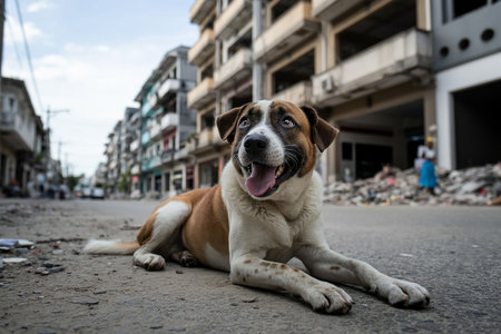 Dog lying on the street and looking at the camera with his mouth openの写真素材