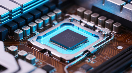 Close-up of electronic circuit board with processor. Technology background.の写真素材