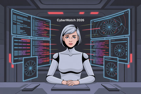 Cyborg woman in front of the computer screen. Vector illustration.の写真素材