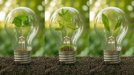 Green energy concept. Light bulb with green plant growing in the soilの写真素材