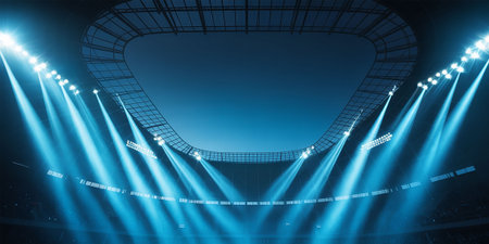 stadium lights and spotlights with blue toned foggy backgroundの写真素材