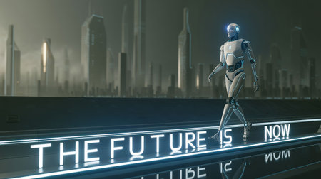 The future is now concept with 3d rendering robot walking on the roadの写真素材