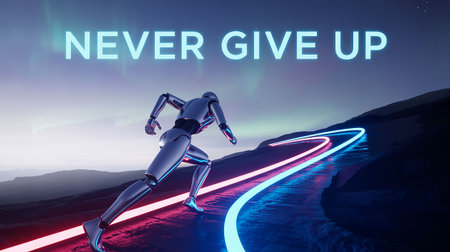 Never give up text with a robot running on a road. 3D renderingの写真素材