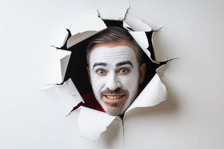 Portrait of a funny man with a white mask on a white backgroundの写真素材
