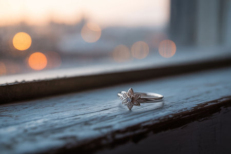 Wedding rings on the windowsill in the light of the setting sunの写真素材