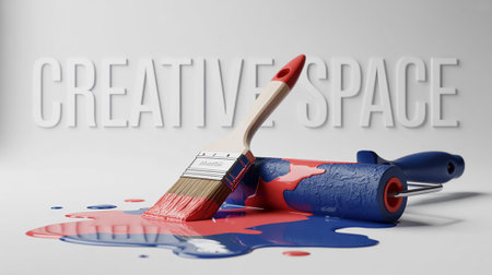 Paintbrush and paint can with the word Creative Space, 3D renderingの写真素材