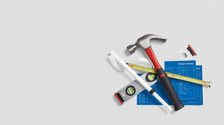 Flat lay composition of construction tools on white background with copy spaceの写真素材