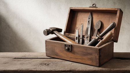 tools in a wooden box on a wooden table, on a gray backgroundの写真素材