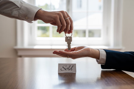 Real estate agent giving keys to customer. Concept of buying and selling house.の写真素材