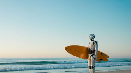 3d rendering of a robot with surfboard standing on the beachの写真素材