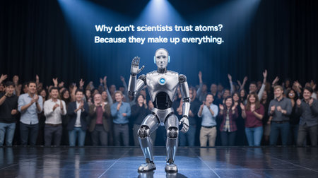 Robot standing in front of a group of people on a stageの写真素材