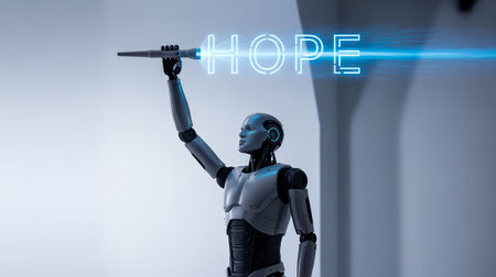 Humanoid robot pointing at word hope on grey background 3D renderingの写真素材