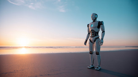 3d rendering humanoid robot standing on the beach at sunset time.の写真素材