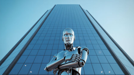 3d rendering humanoid robot in front of modern skyscraper building backgroundの写真素材