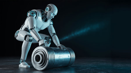 3d rendering robot with a tin can on a dark blue backgroundの写真素材