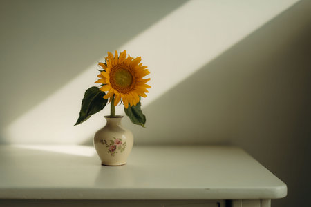 Sunflower in a vase on a white table with sunlight.の写真素材
