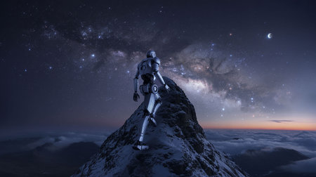Cyborg on the top of a mountain. 3D rendering.の写真素材