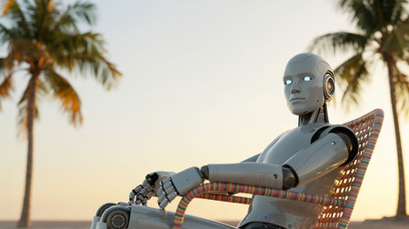 3d rendering humanoid robot sitting on a beach chair with palm trees in the backgroundの写真素材