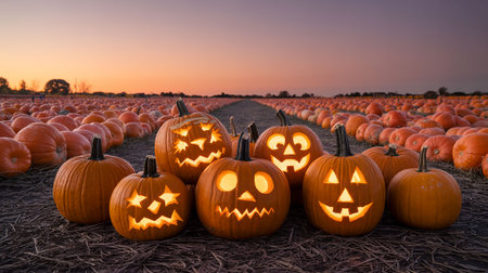 Halloween pumpkins on a pumpkin patch in northern Colorado, USA.の写真素材