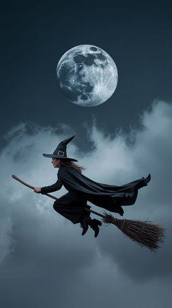 Witch flying on a broomstick in front of the full moonの写真素材