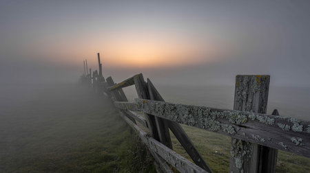 Foggy landscape with wooden fence in the foreground at sunrise.の写真素材