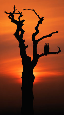 Silhouette of owl sitting on the tree at sunset background.の写真素材