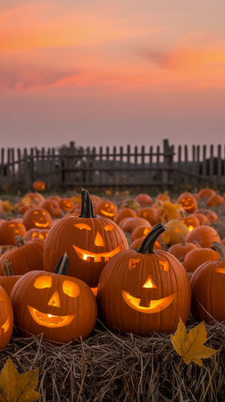 Halloween pumpkins on a pumpkin patch at sunset. Orange and yellow colors.の写真素材