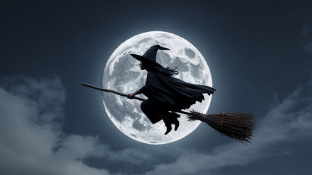 Witch flying on a broomstick against the background of the full moonの写真素材